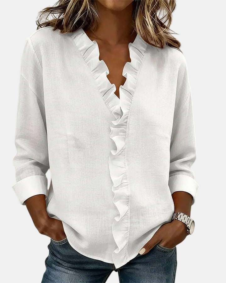 Inés | Blusa con Volantes, Escote en V y Manga Larga