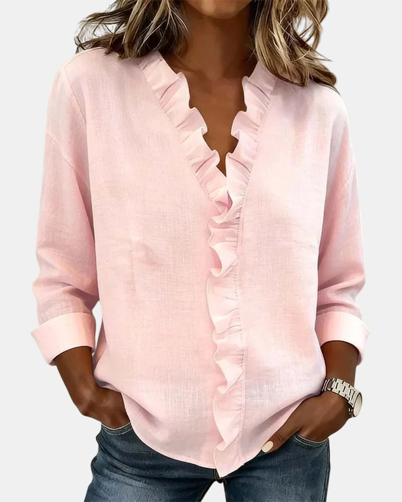 Inés | Blusa con Volantes, Escote en V y Manga Larga