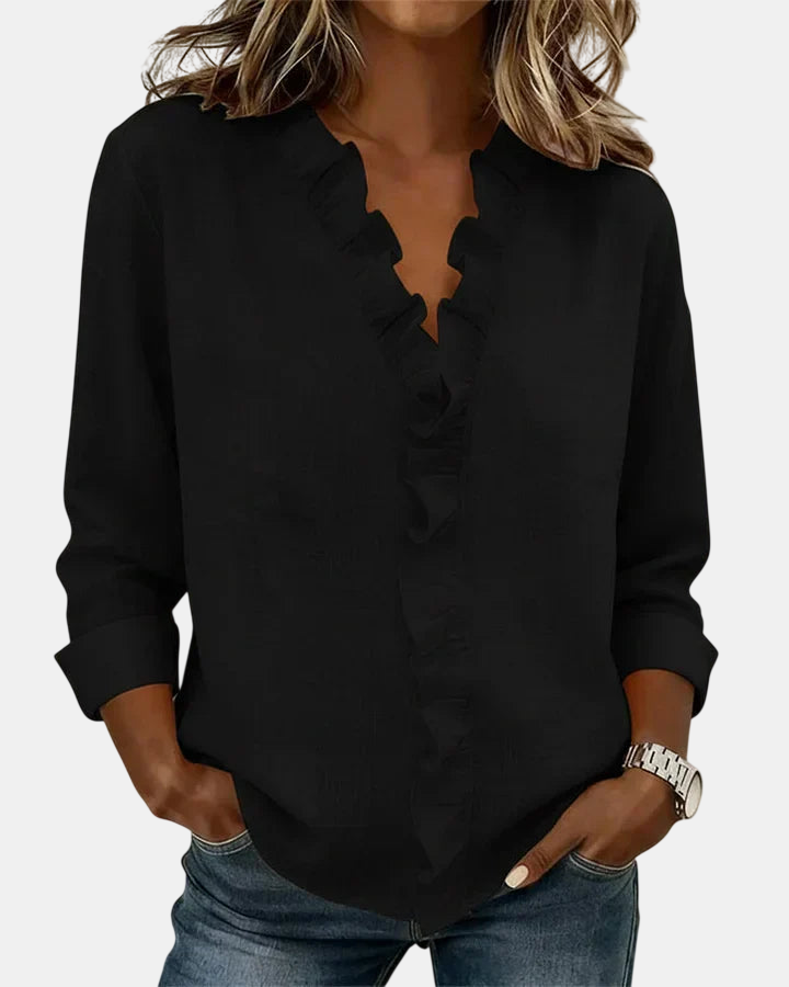 Inés | Blusa con Volantes, Escote en V y Manga Larga