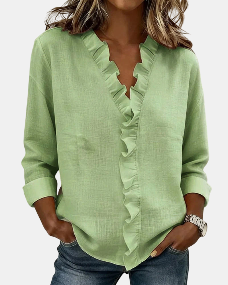 Inés | Blusa con Volantes, Escote en V y Manga Larga