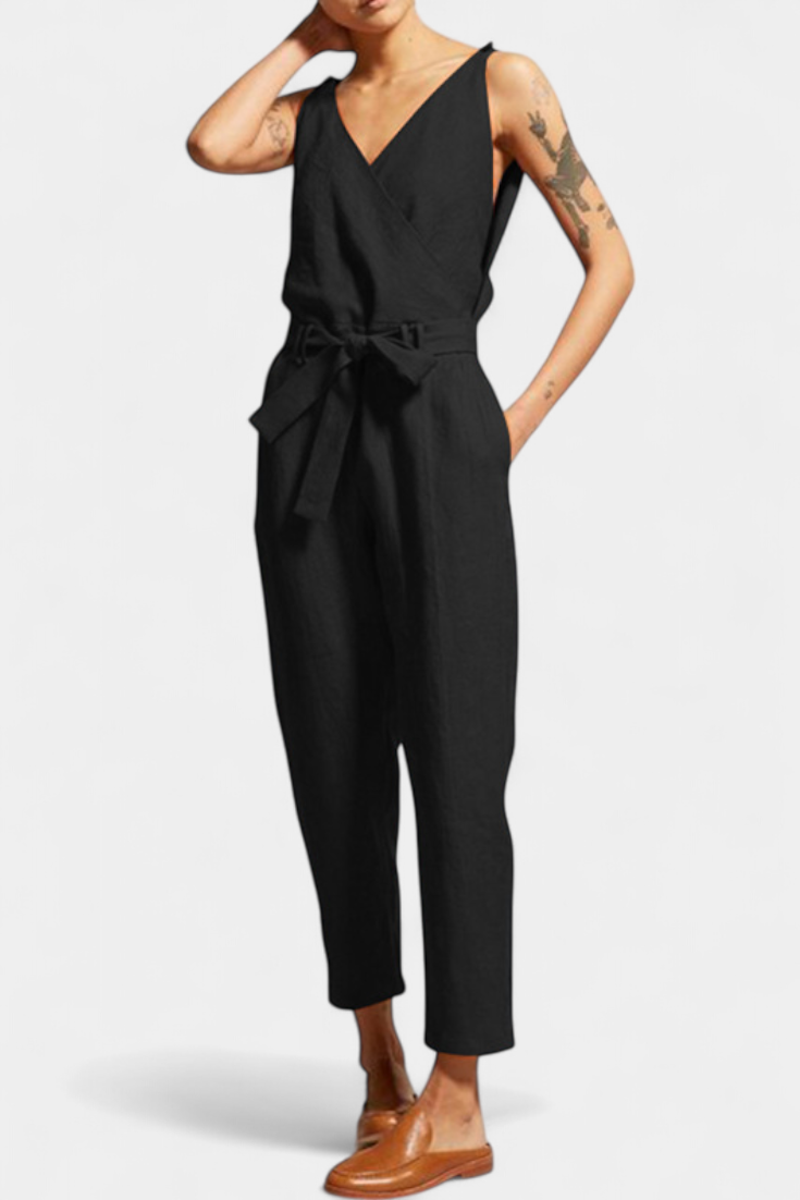 Maggie | Mono Sin Mangas con Escote en V y Cintura Cruzada en Algodón