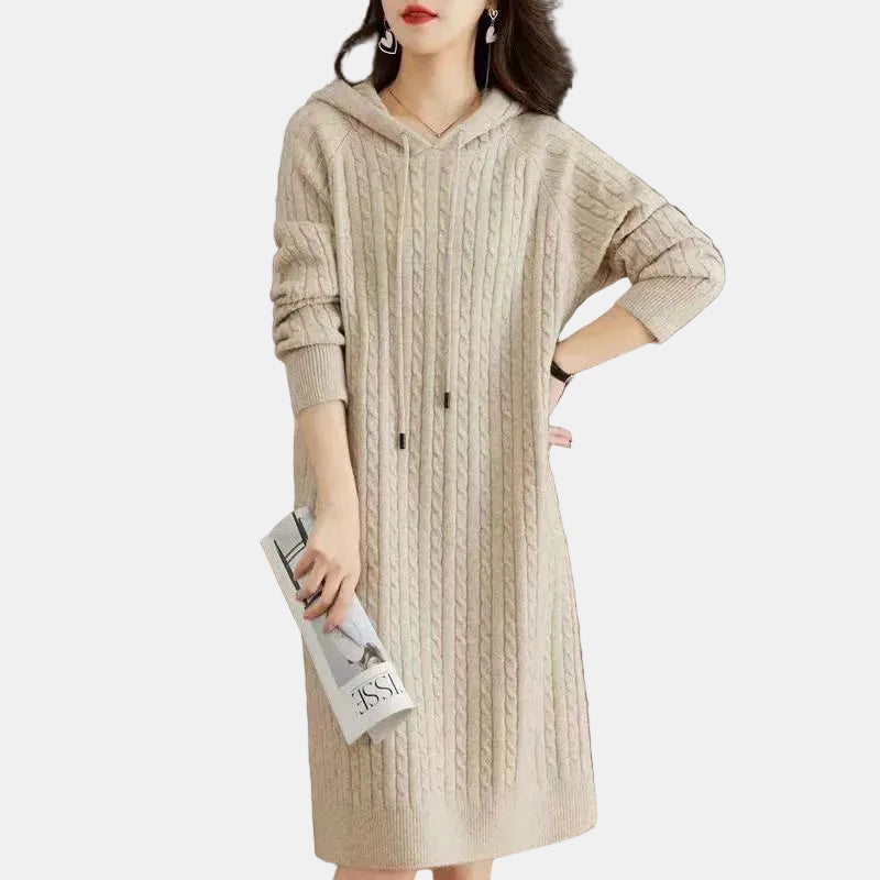Elena | Vestido Beige de Punto con Capucha Cálido, Cómodo y elegante