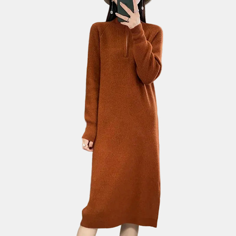 Sofía | Vestido Castaño de Punto de Lana Merino con Cremallera, Cálido y Suave