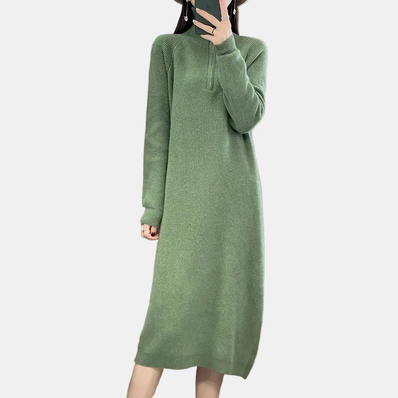 Sofía | Vestido Verde de Punto de Lana Merino con Cremallera, Cálido y Suave
