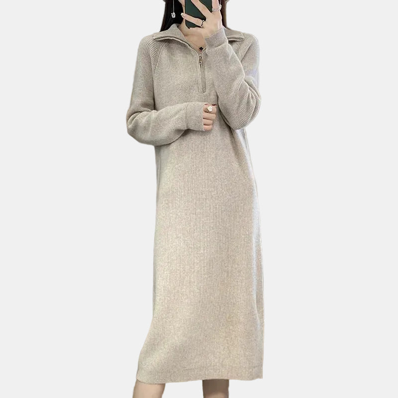 Sofía | Vestido Beige de Punto de Lana Merino con Cremallera, Cálido y Suave