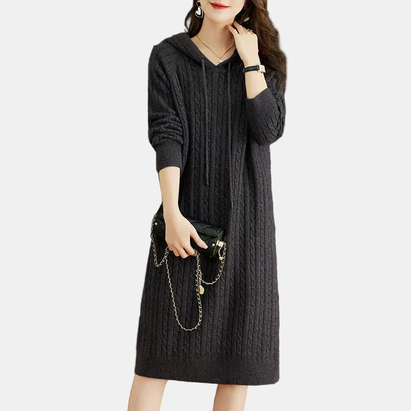 Elena | Vestido Negro de Punto con Capucha Cálido, Cómodo y elegante
