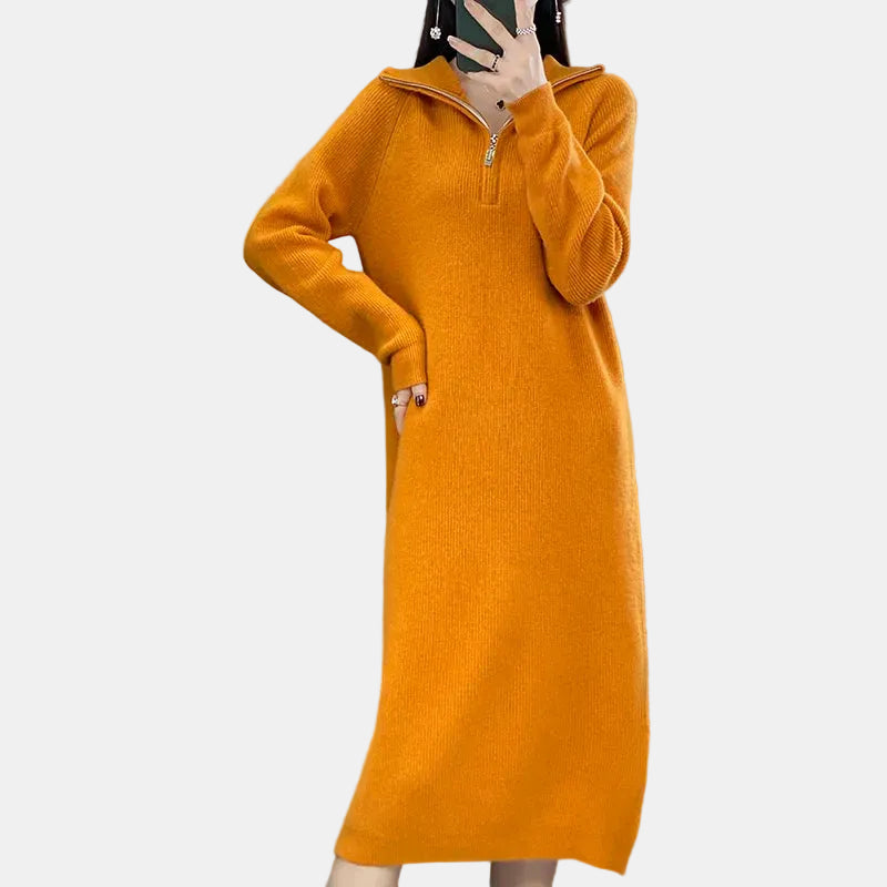 Sofía | Vestido Naranja de Punto de Lana Merino con Cremallera, Cálido y Suave
