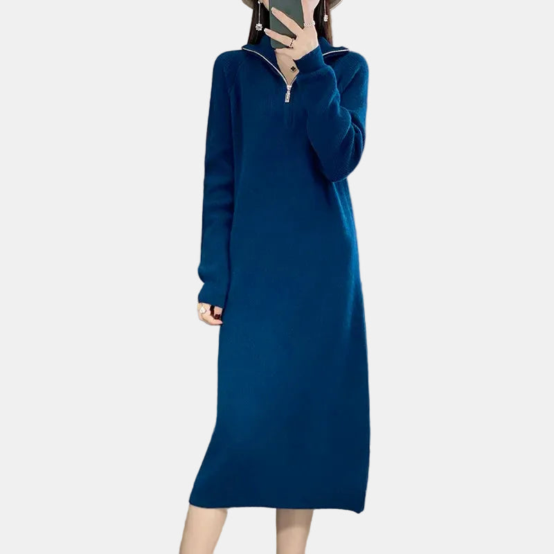 Sofía | Vestido Azul de Punto de Lana Merino con Cremallera, Cálido y Suave