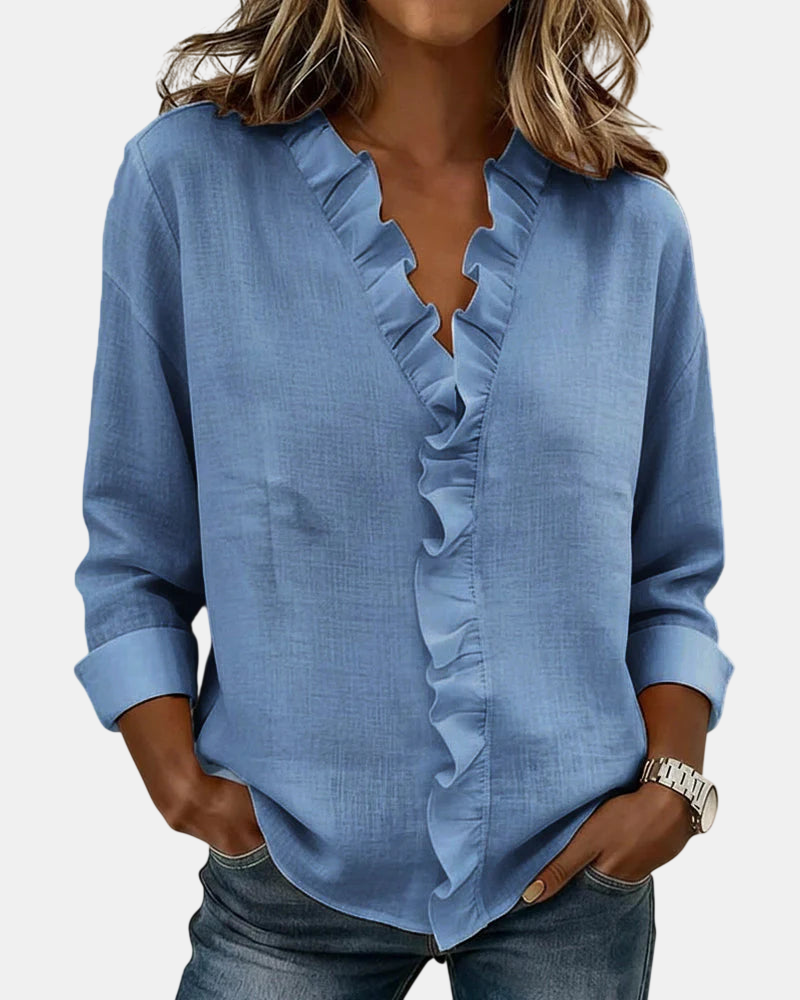 Inés | Blusa con Volantes, Escote en V y Manga Larga