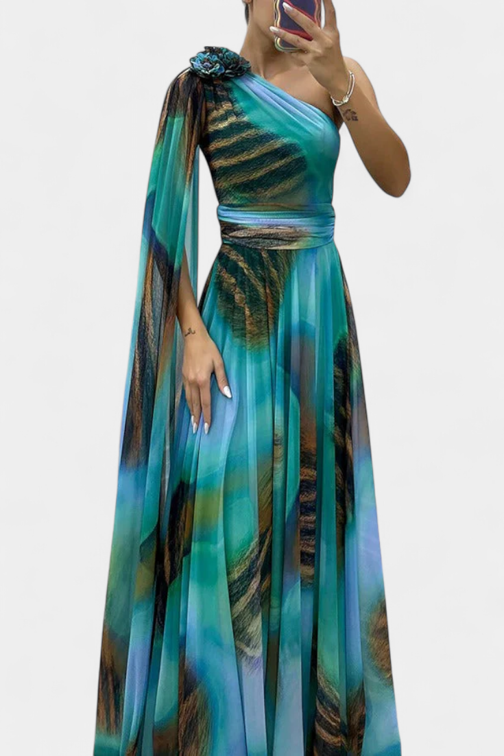 Cedara | Vestido Largo de Un Hombro con Detalle Floral