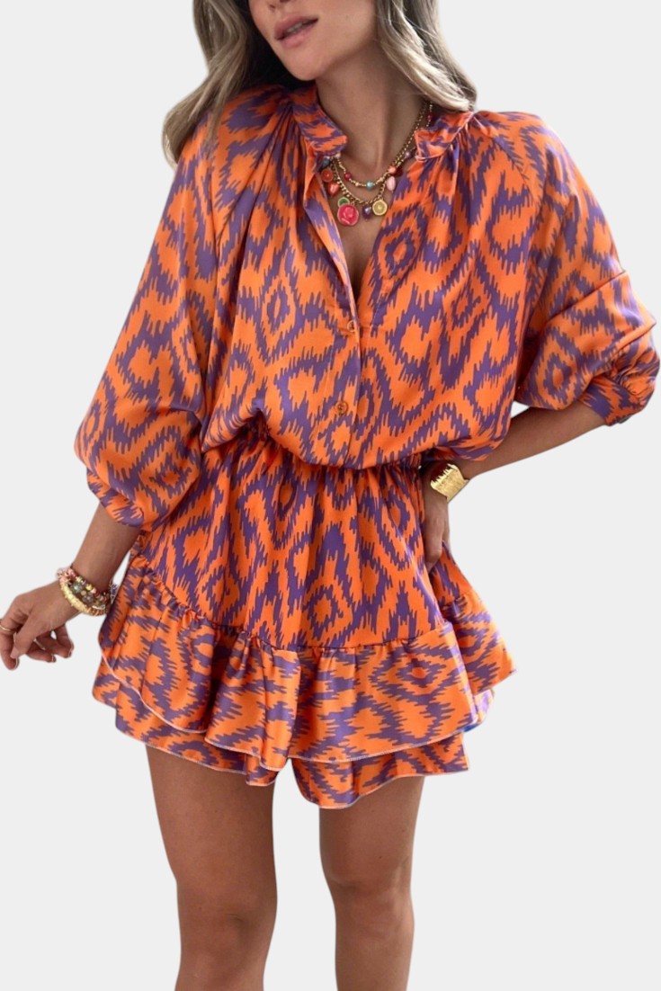 Yasmine | Mono Mini con Volantes y Estampado Ikat